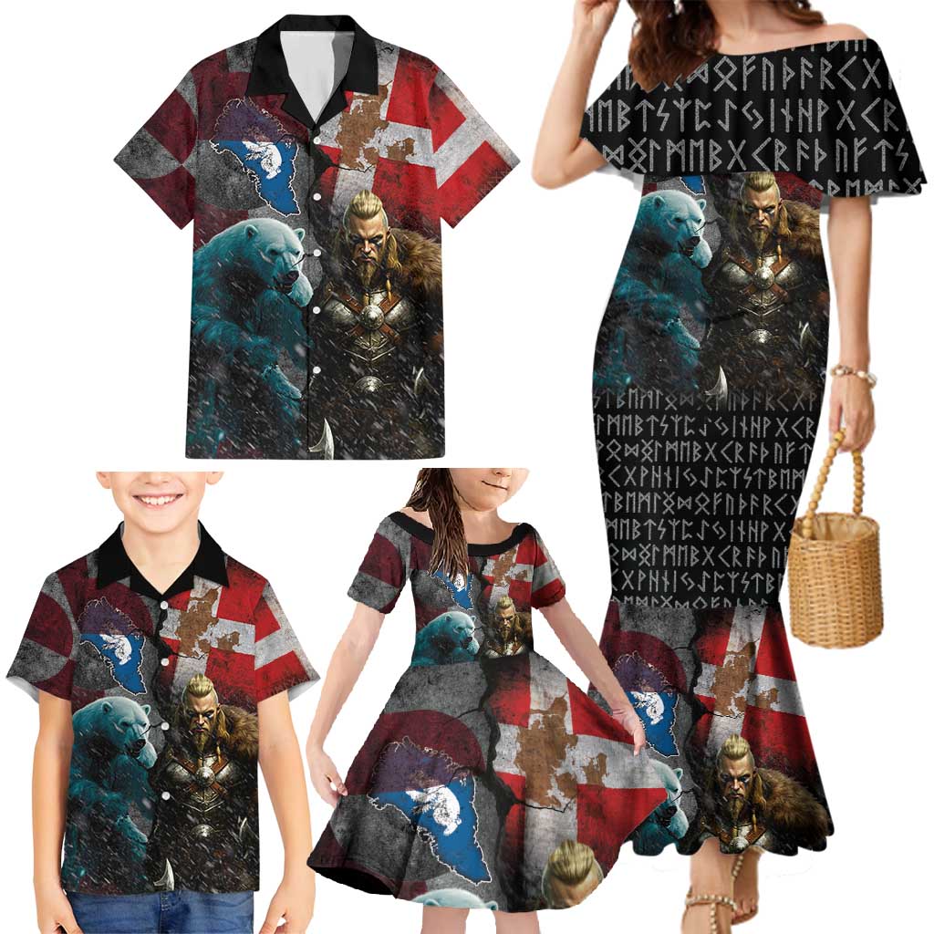 Greenlandic and Danish Together Family Matching Mermaid Dress and Hawaiian Shirt Polar Warrior Vikings with National Flag Grunge Style - Wonder Print Shop