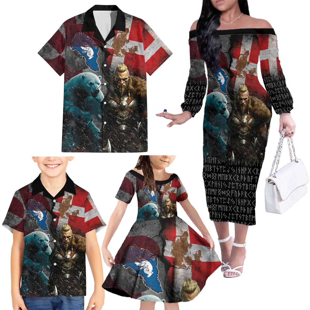Greenlandic and Danish Together Family Matching Off The Shoulder Long Sleeve Dress and Hawaiian Shirt Polar Warrior Vikings with National Flag Grunge Style - Wonder Print Shop