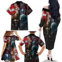 Greenlandic and Danish Together Family Matching Off The Shoulder Long Sleeve Dress and Hawaiian Shirt Polar Warrior Vikings with National Flag Grunge Style - Wonder Print Shop