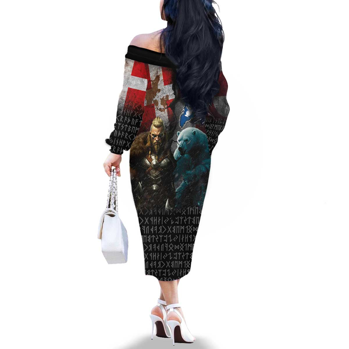 Greenlandic and Danish Together Family Matching Off The Shoulder Long Sleeve Dress and Hawaiian Shirt Polar Warrior Vikings with National Flag Grunge Style - Wonder Print Shop