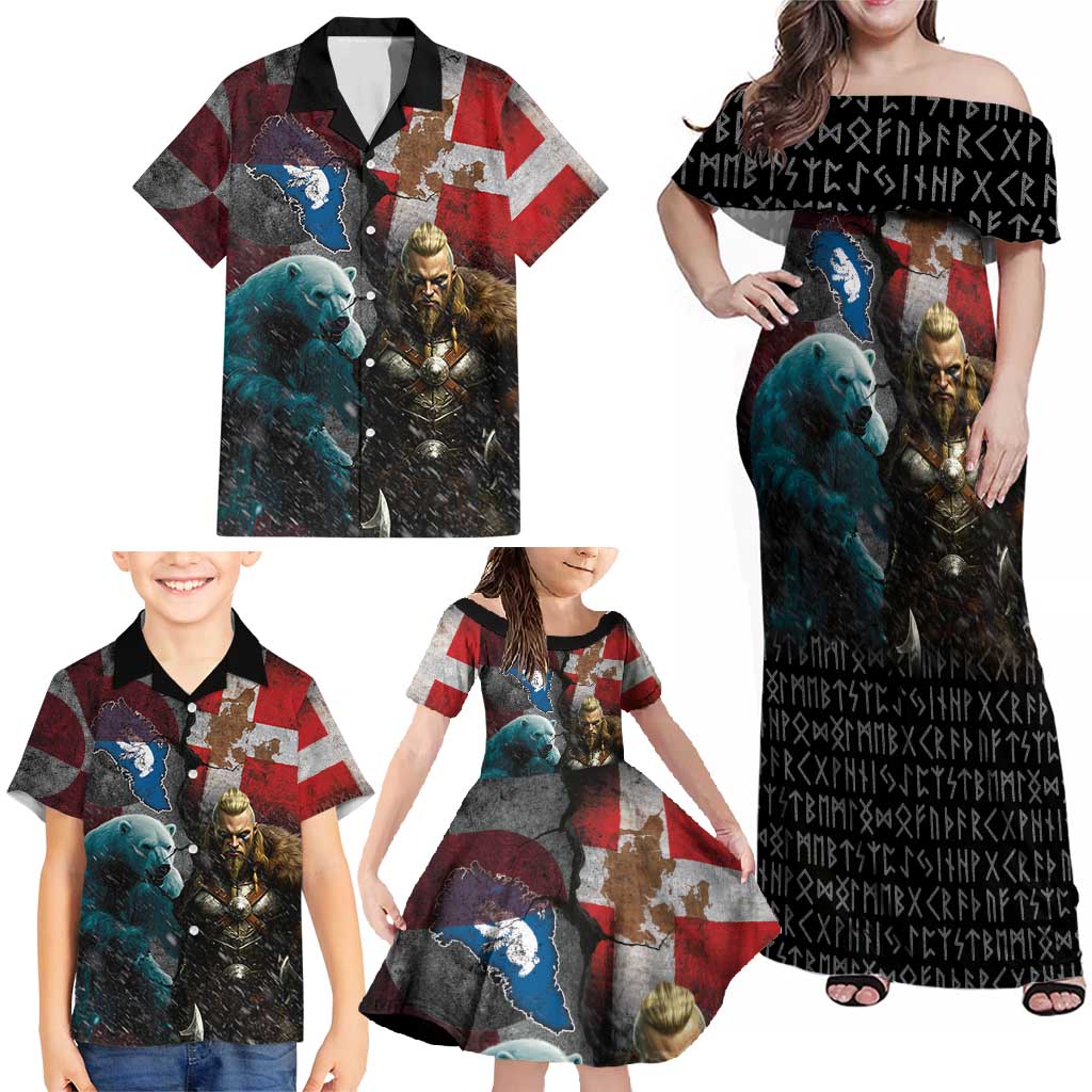 Greenlandic and Danish Together Family Matching Off Shoulder Maxi Dress and Hawaiian Shirt Polar Warrior Vikings with National Flag Grunge Style - Wonder Print Shop