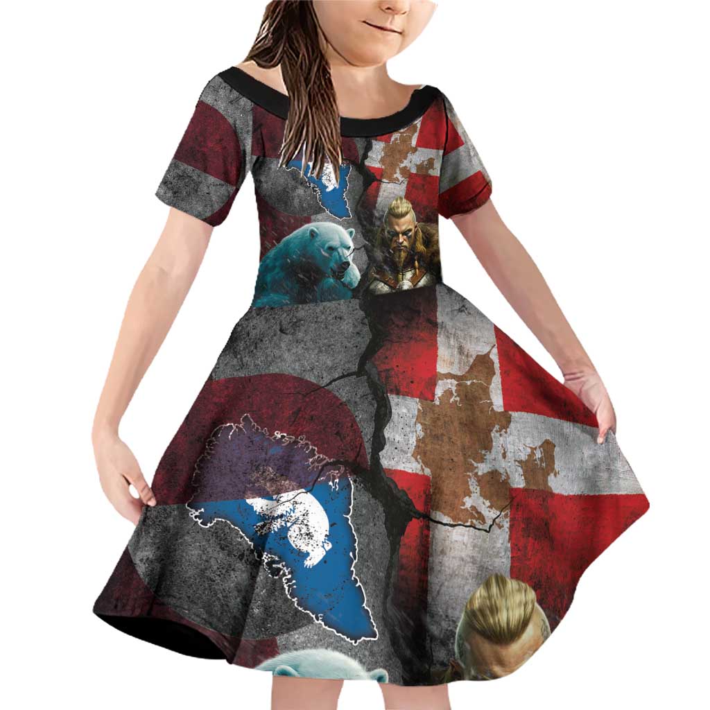 Greenlandic and Danish Together Family Matching Off Shoulder Short Dress and Hawaiian Shirt Polar Warrior Vikings with National Flag Grunge Style - Wonder Print Shop