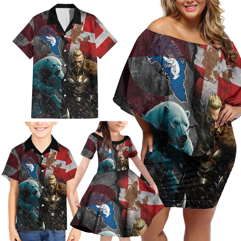 Greenlandic and Danish Together Family Matching Off Shoulder Short Dress and Hawaiian Shirt Polar Warrior Vikings with National Flag Grunge Style - Wonder Print Shop