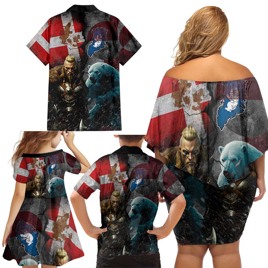 Greenlandic and Danish Together Family Matching Off Shoulder Short Dress and Hawaiian Shirt Polar Warrior Vikings with National Flag Grunge Style - Wonder Print Shop