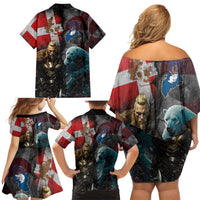 Greenlandic and Danish Together Family Matching Off Shoulder Short Dress and Hawaiian Shirt Polar Warrior Vikings with National Flag Grunge Style - Wonder Print Shop