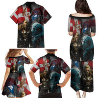 Greenlandic and Danish Together Family Matching Puletasi and Hawaiian Shirt Polar Warrior Vikings with National Flag Grunge Style - Wonder Print Shop