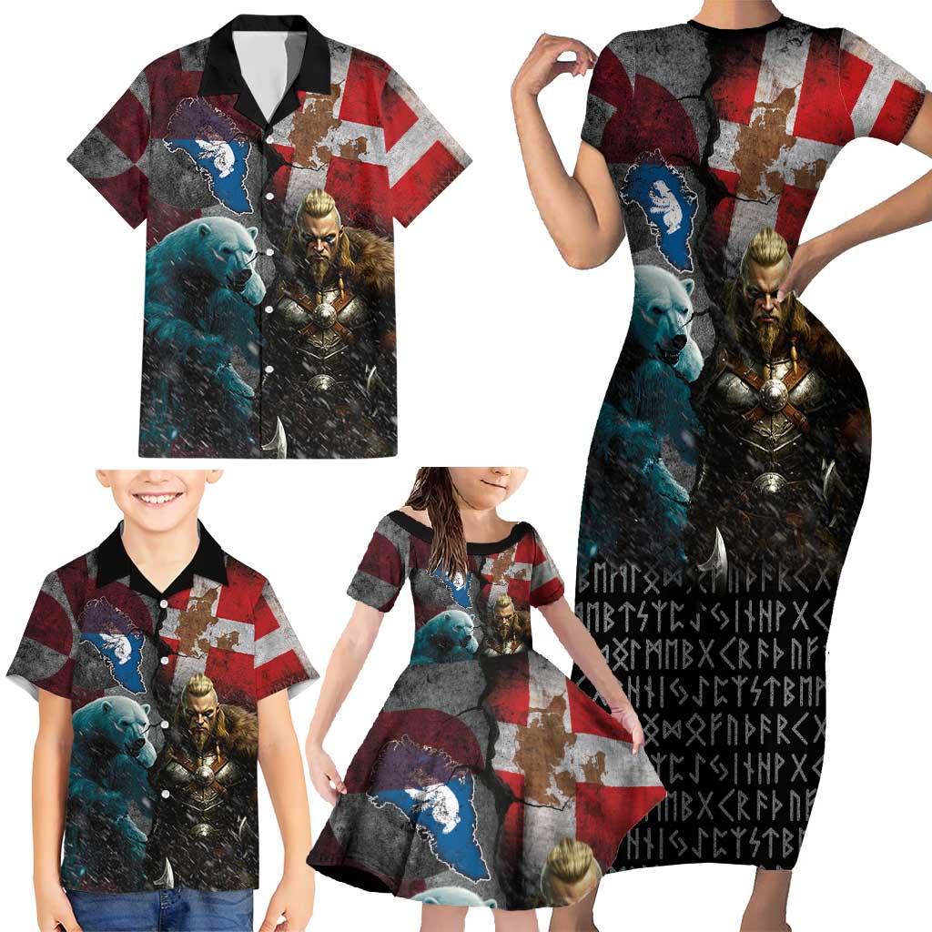 Greenlandic and Danish Together Family Matching Short Sleeve Bodycon Dress and Hawaiian Shirt Polar Warrior Vikings with National Flag Grunge Style - Wonder Print Shop