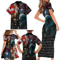Greenlandic and Danish Together Family Matching Short Sleeve Bodycon Dress and Hawaiian Shirt Polar Warrior Vikings with National Flag Grunge Style - Wonder Print Shop