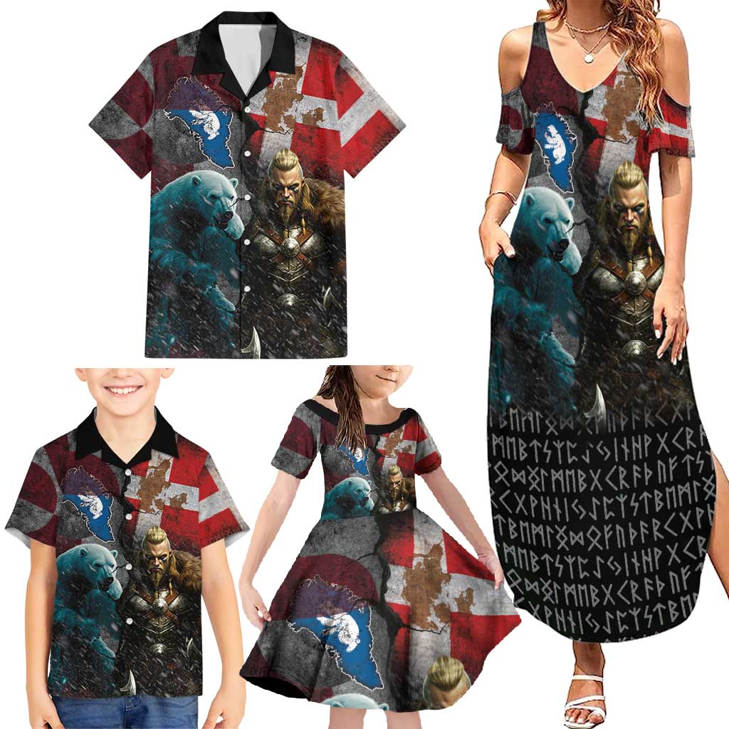 Greenlandic and Danish Together Family Matching Summer Maxi Dress and Hawaiian Shirt Polar Warrior Vikings with National Flag Grunge Style - Wonder Print Shop