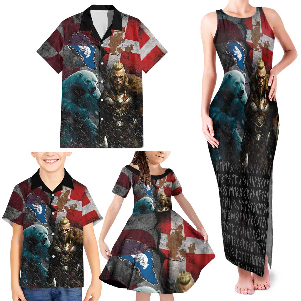 Greenlandic and Danish Together Family Matching Tank Maxi Dress and Hawaiian Shirt Polar Warrior Vikings with National Flag Grunge Style - Wonder Print Shop