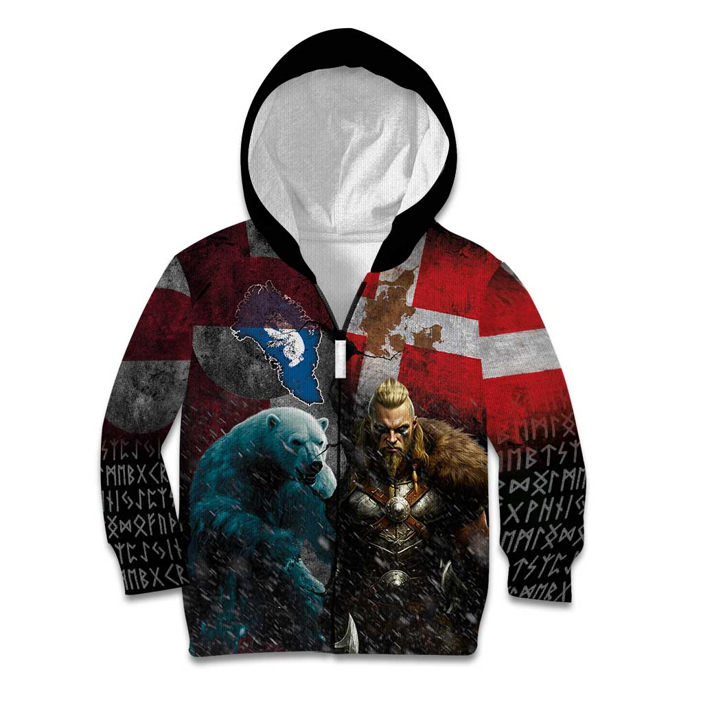 Greenlandic and Danish Together Kid Hoodie Polar Warrior Vikings with National Flag Grunge Style - Wonder Print Shop