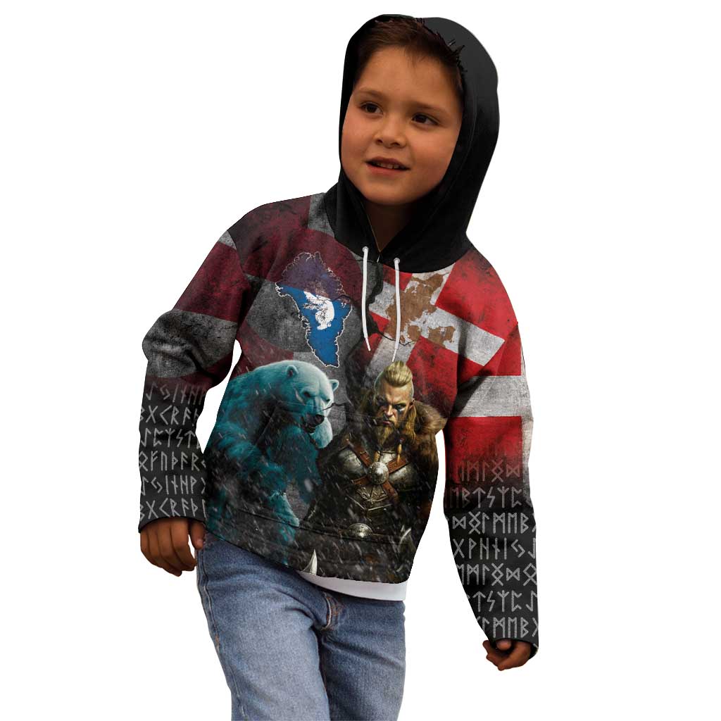 Greenlandic and Danish Together Kid Hoodie Polar Warrior Vikings with National Flag Grunge Style - Wonder Print Shop