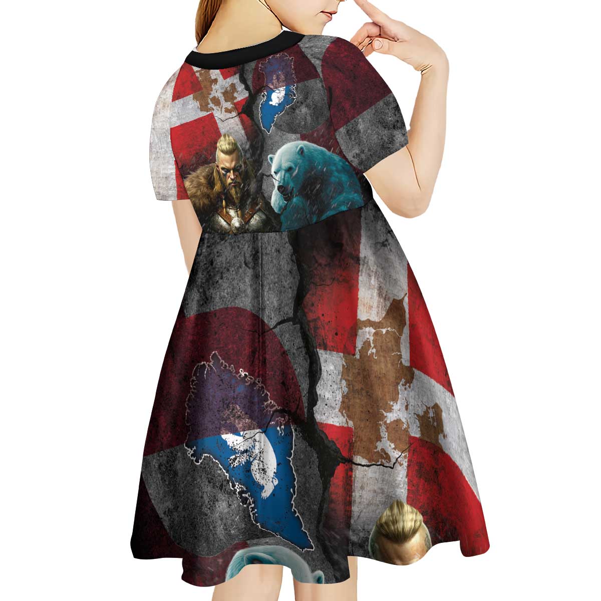 Greenlandic and Danish Together Kid Short Sleeve Dress Polar Warrior Vikings with National Flag Grunge Style - Wonder Print Shop