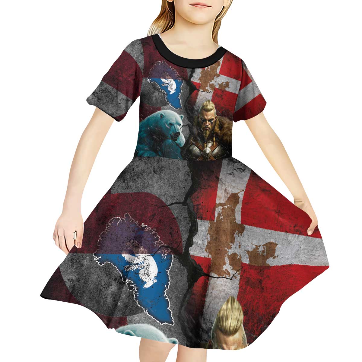 Greenlandic and Danish Together Kid Short Sleeve Dress Polar Warrior Vikings with National Flag Grunge Style - Wonder Print Shop