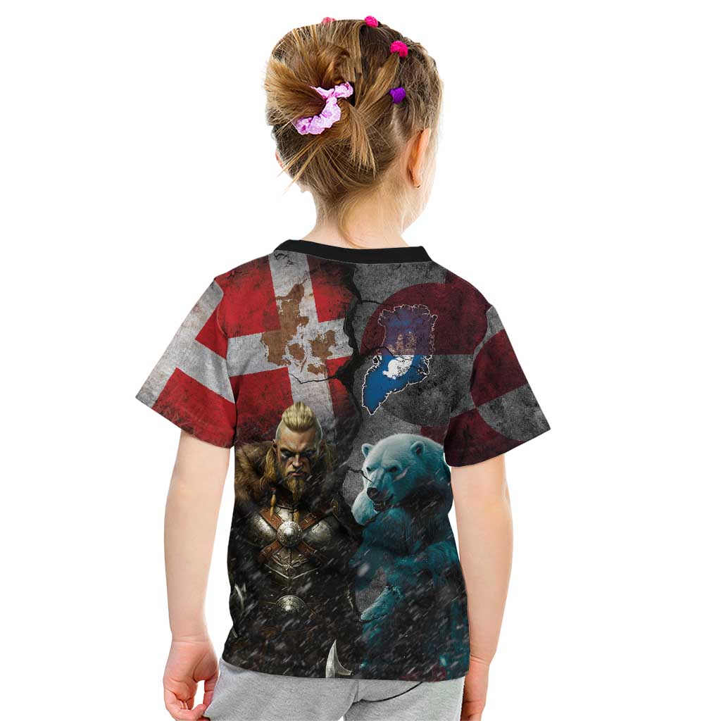 Greenlandic and Danish Together Kid T Shirt Polar Warrior Vikings with National Flag Grunge Style - Wonder Print Shop