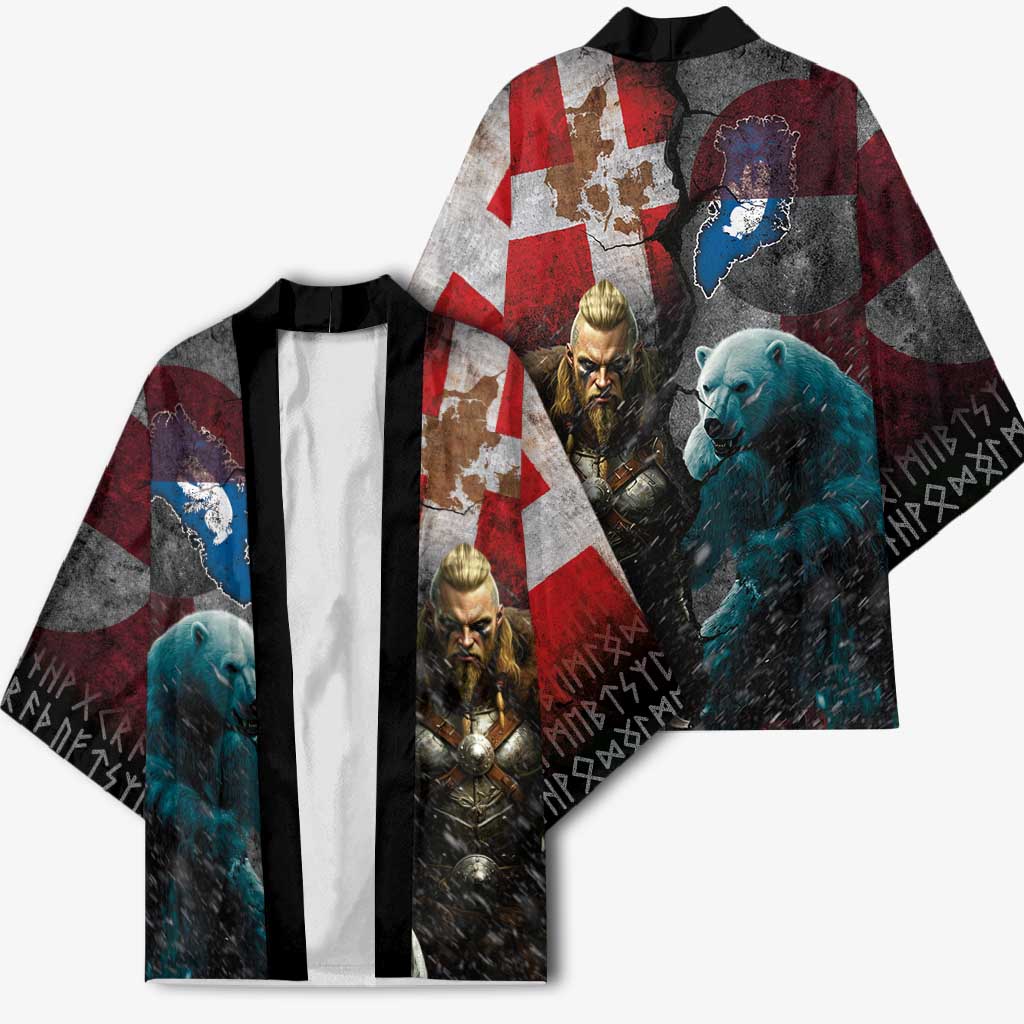 Greenlandic and Danish Together Kimono Polar Warrior Vikings with National Flag Grunge Style - Wonder Print Shop