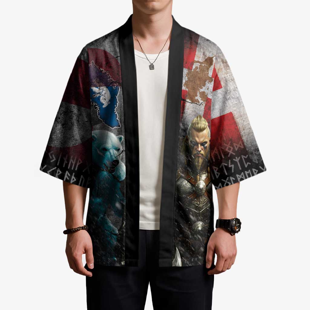 Greenlandic and Danish Together Kimono Polar Warrior Vikings with National Flag Grunge Style - Wonder Print Shop