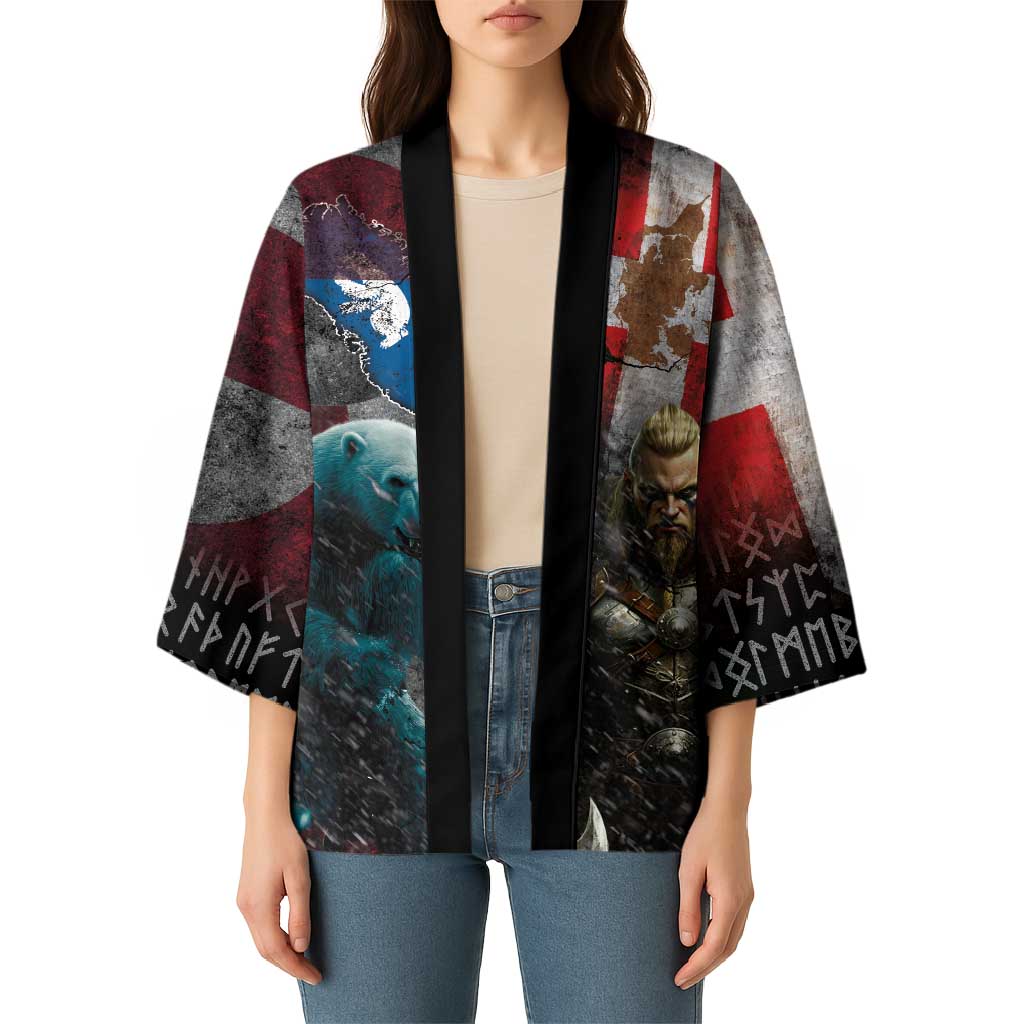 Greenlandic and Danish Together Kimono Polar Warrior Vikings with National Flag Grunge Style - Wonder Print Shop