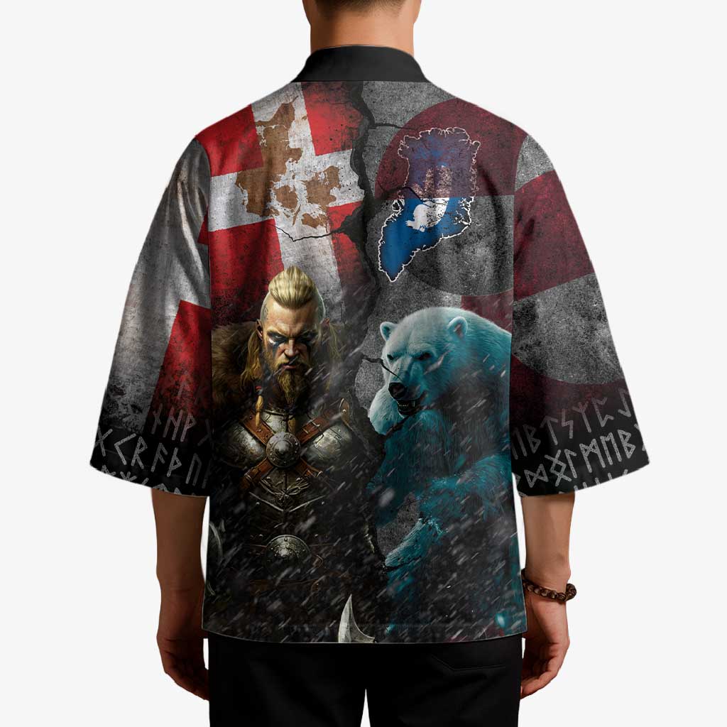 Greenlandic and Danish Together Kimono Polar Warrior Vikings with National Flag Grunge Style - Wonder Print Shop