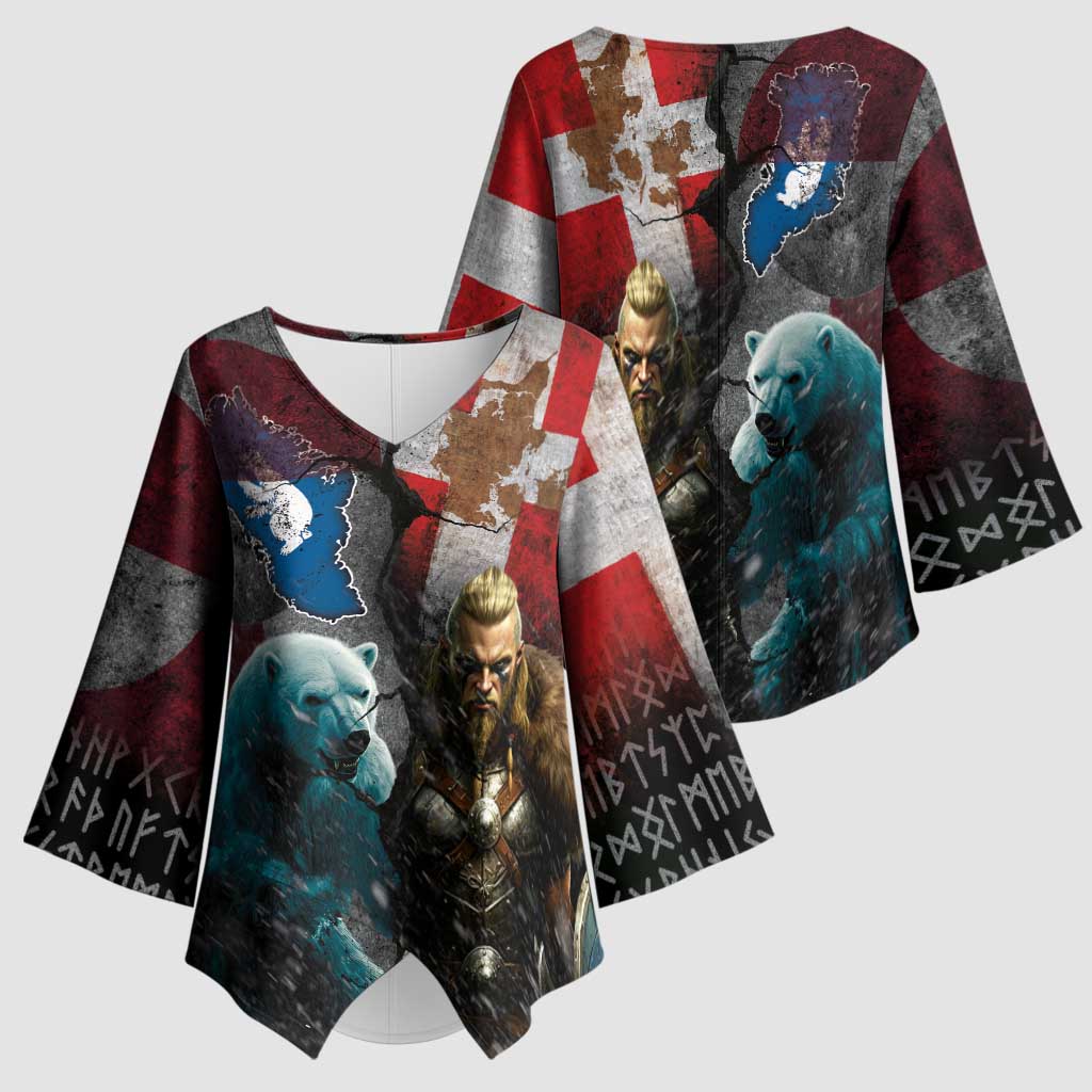 Greenlandic and Danish Together Kimono Sleeve Blouse Polar Warrior Vikings with National Flag Grunge Style - Wonder Print Shop