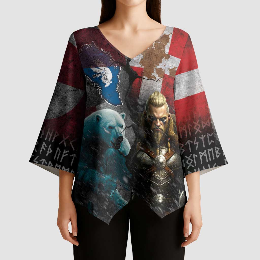 Greenlandic and Danish Together Kimono Sleeve Blouse Polar Warrior Vikings with National Flag Grunge Style - Wonder Print Shop