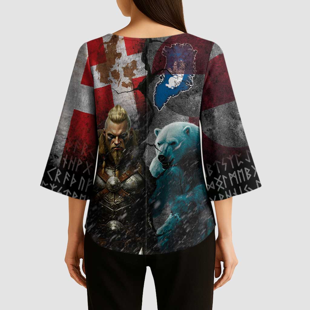 Greenlandic and Danish Together Kimono Sleeve Blouse Polar Warrior Vikings with National Flag Grunge Style - Wonder Print Shop