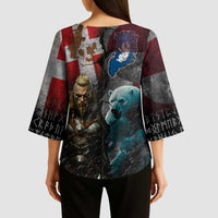 Greenlandic and Danish Together Kimono Sleeve Blouse Polar Warrior Vikings with National Flag Grunge Style - Wonder Print Shop