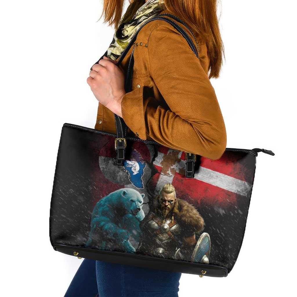 Greenlandic and Danish Together Leather Tote Bag Polar Warrior Vikings with National Flag Grunge Style - Wonder Print Shop