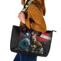Greenlandic and Danish Together Leather Tote Bag Polar Warrior Vikings with National Flag Grunge Style - Wonder Print Shop
