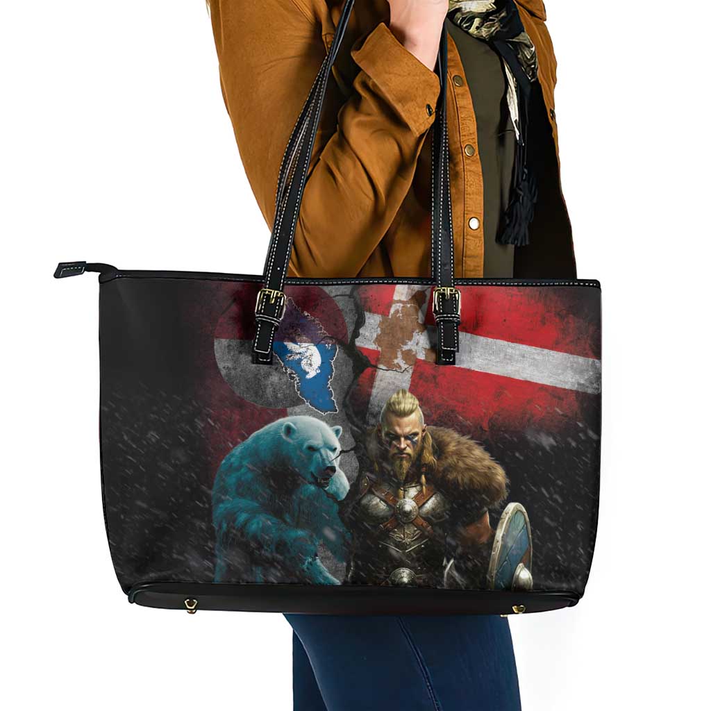 Greenlandic and Danish Together Leather Tote Bag Polar Warrior Vikings with National Flag Grunge Style - Wonder Print Shop