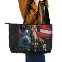 Greenlandic and Danish Together Leather Tote Bag Polar Warrior Vikings with National Flag Grunge Style - Wonder Print Shop