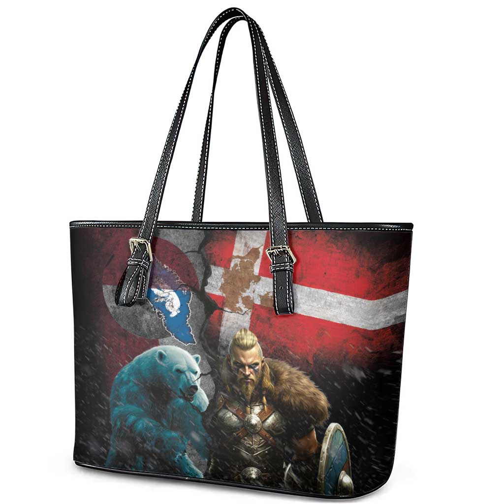 Greenlandic and Danish Together Leather Tote Bag Polar Warrior Vikings with National Flag Grunge Style - Wonder Print Shop