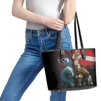Greenlandic and Danish Together Leather Tote Bag Polar Warrior Vikings with National Flag Grunge Style - Wonder Print Shop