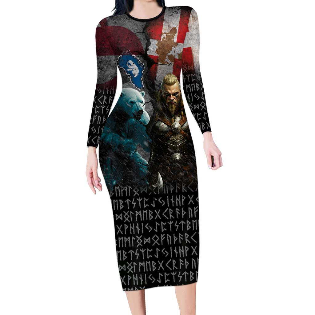 Greenlandic and Danish Together Long Sleeve Bodycon Dress Polar Warrior Vikings with National Flag Grunge Style - Wonder Print Shop