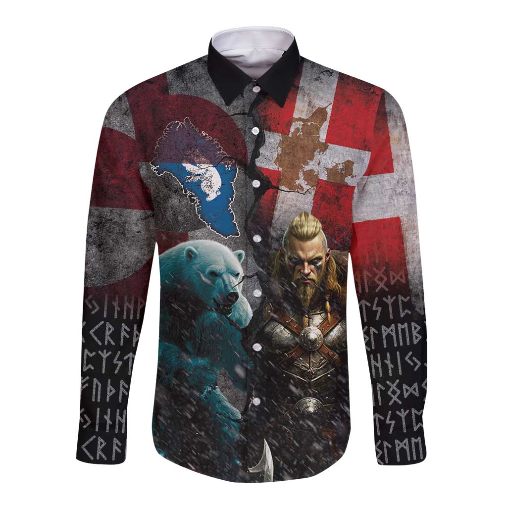 Greenlandic and Danish Together Long Sleeve Button Shirt Polar Warrior Vikings with National Flag Grunge Style - Wonder Print Shop