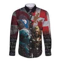 Greenlandic and Danish Together Long Sleeve Button Shirt Polar Warrior Vikings with National Flag Grunge Style - Wonder Print Shop