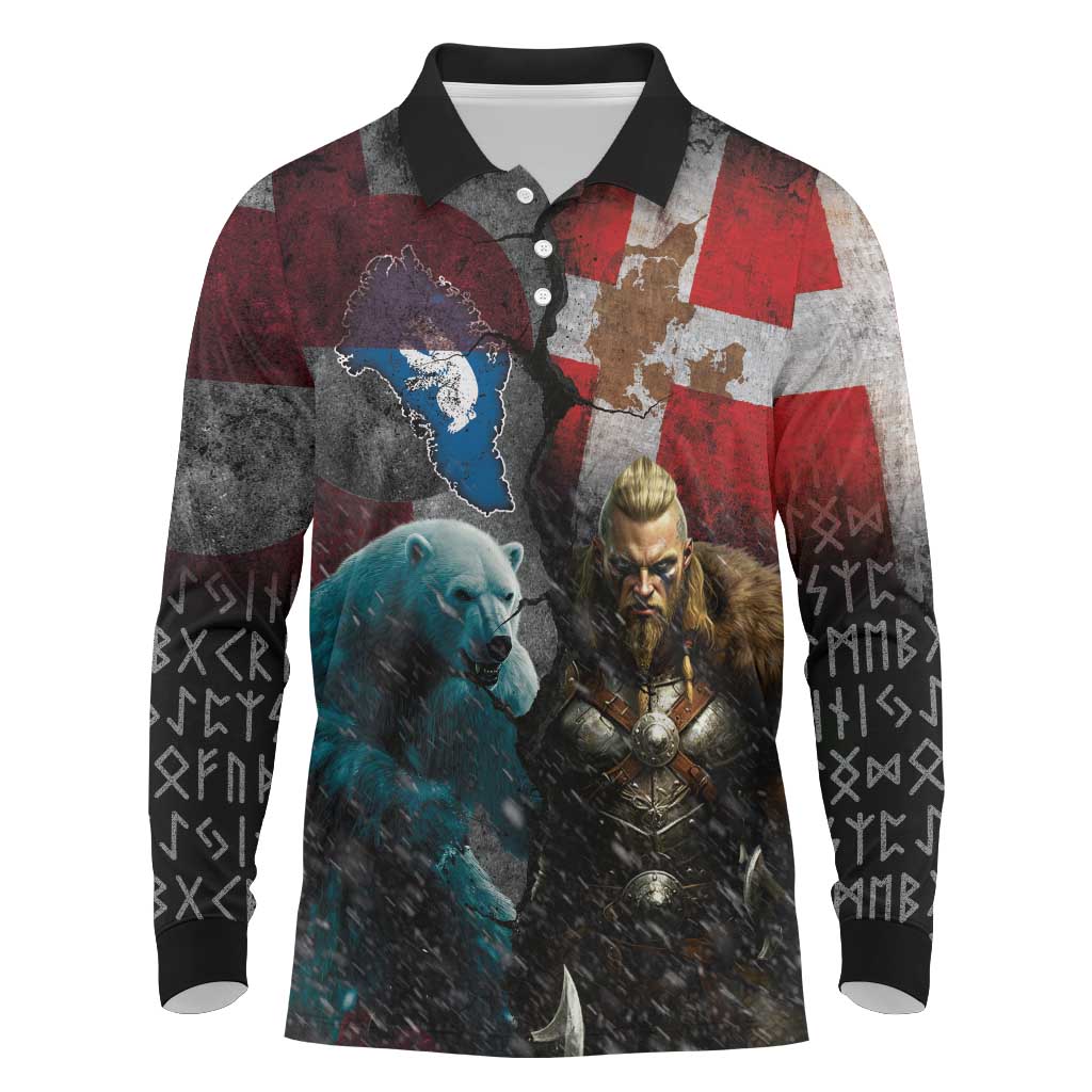 Greenlandic and Danish Together Long Sleeve Polo Shirt Polar Warrior Vikings with National Flag Grunge Style - Wonder Print Shop