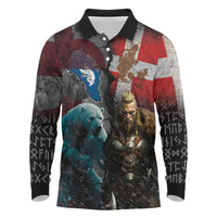 Greenlandic and Danish Together Long Sleeve Polo Shirt Polar Warrior Vikings with National Flag Grunge Style - Wonder Print Shop