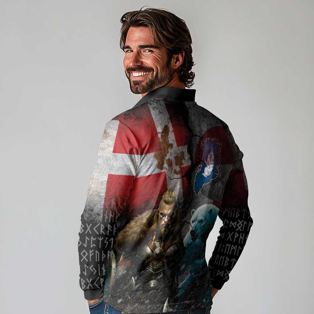 Greenlandic and Danish Together Long Sleeve Polo Shirt Polar Warrior Vikings with National Flag Grunge Style - Wonder Print Shop