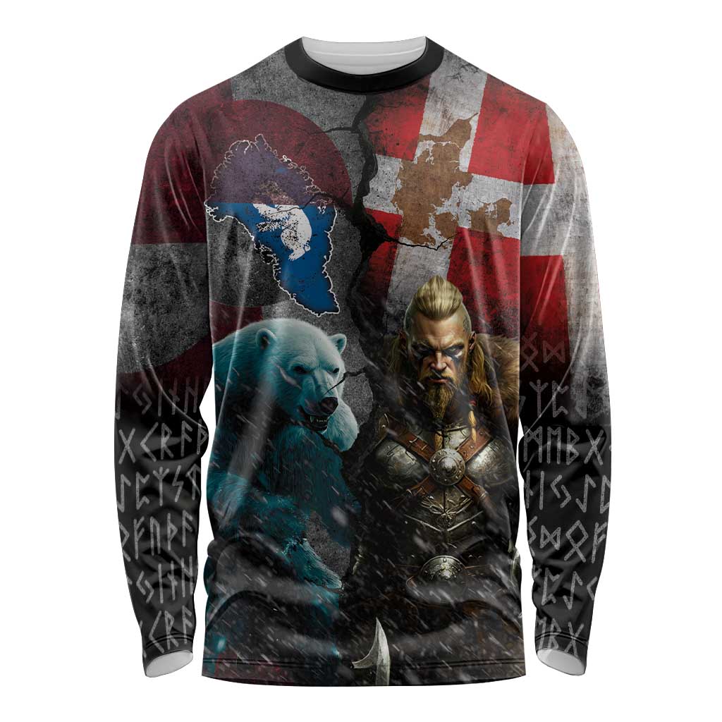 Greenlandic and Danish Together Long Sleeve Shirt Polar Warrior Vikings with National Flag Grunge Style - Wonder Print Shop