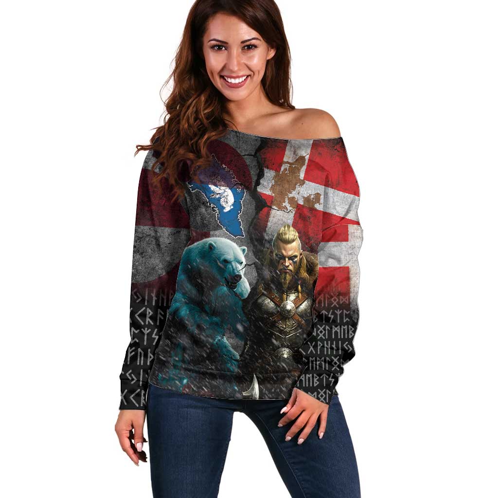 Greenlandic and Danish Together Off Shoulder Sweater Polar Warrior Vikings with National Flag Grunge Style - Wonder Print Shop