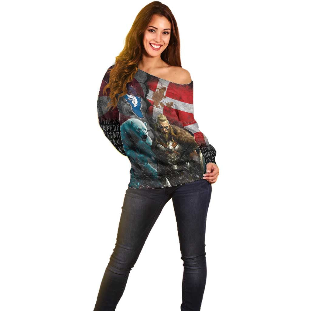 Greenlandic and Danish Together Off Shoulder Sweater Polar Warrior Vikings with National Flag Grunge Style - Wonder Print Shop
