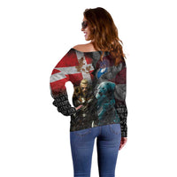 Greenlandic and Danish Together Off Shoulder Sweater Polar Warrior Vikings with National Flag Grunge Style - Wonder Print Shop