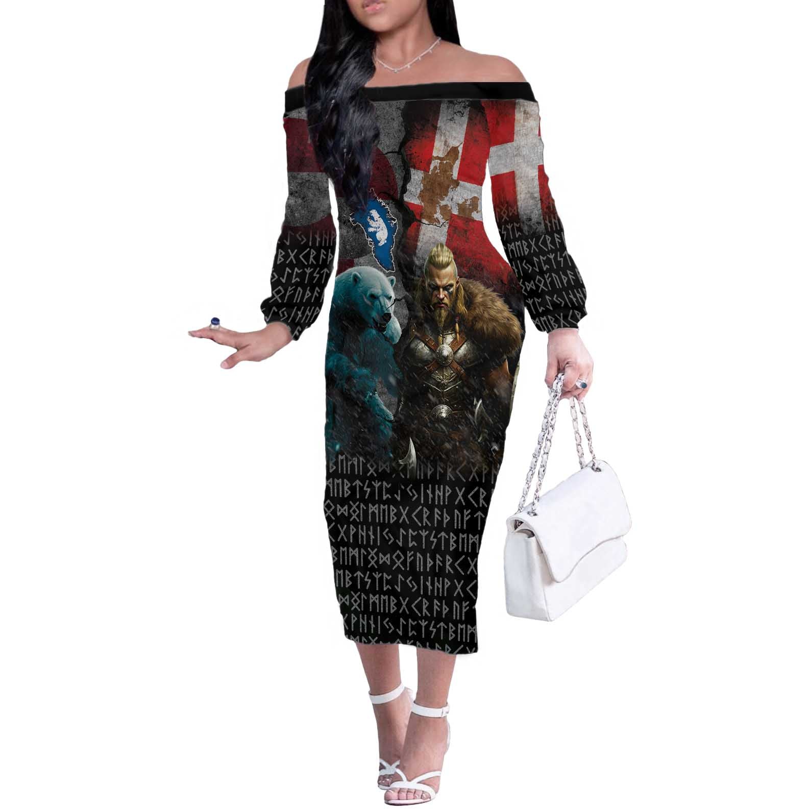 Greenlandic and Danish Together Off The Shoulder Long Sleeve Dress Polar Warrior Vikings with National Flag Grunge Style - Wonder Print Shop