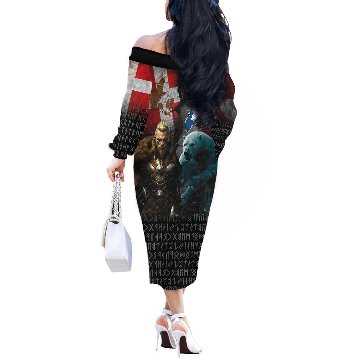Greenlandic and Danish Together Off The Shoulder Long Sleeve Dress Polar Warrior Vikings with National Flag Grunge Style - Wonder Print Shop