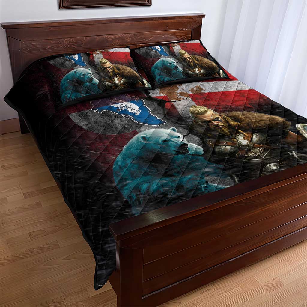 Greenlandic and Danish Together Quilt Bed Set Polar Warrior Vikings with National Flag Grunge Style - Wonder Print Shop