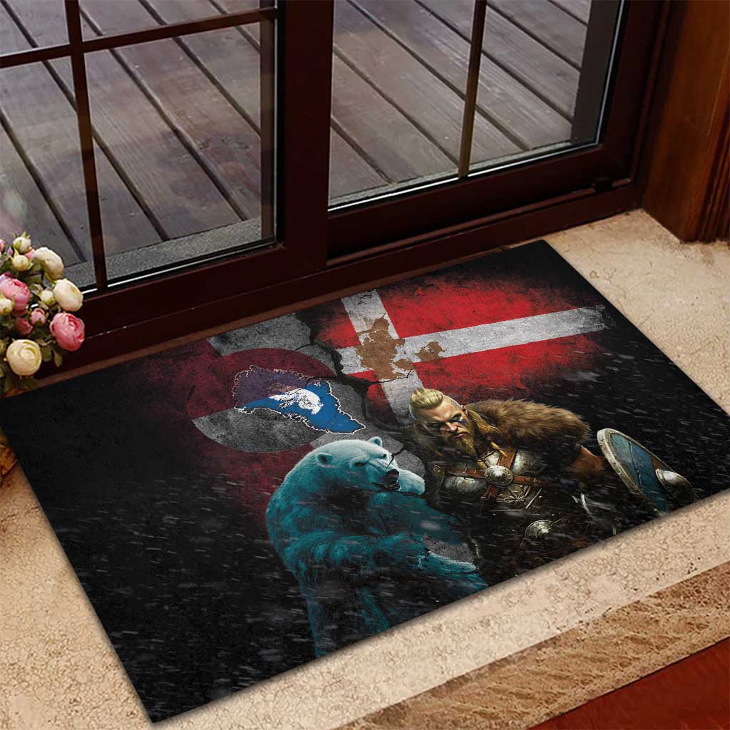 Greenlandic and Danish Together Rubber Doormat Polar Warrior Vikings with National Flag Grunge Style - Wonder Print Shop