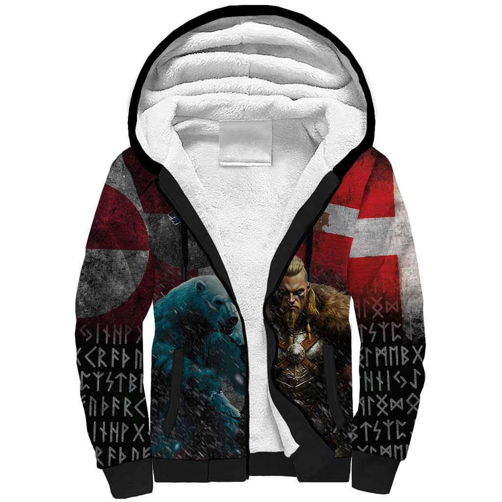 Greenlandic and Danish Together Sherpa Hoodie Polar Warrior Vikings with National Flag Grunge Style - Wonder Print Shop