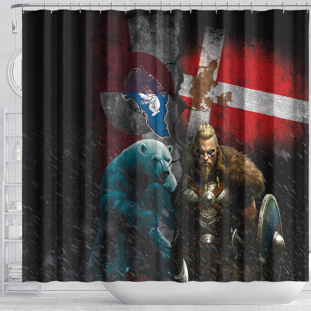 Greenlandic and Danish Together Shower Curtain Polar Warrior Vikings with National Flag Grunge Style - Wonder Print Shop