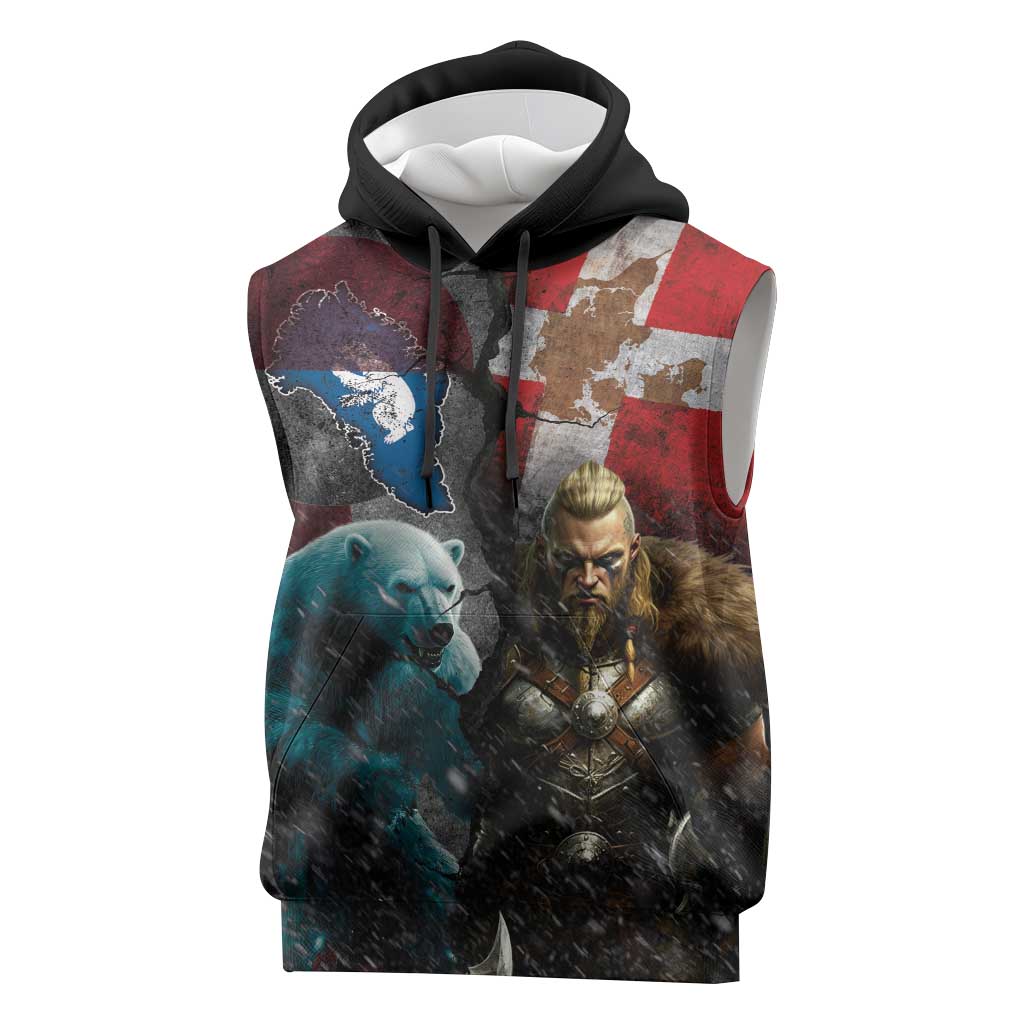 Greenlandic and Danish Together Sleeveless Hoodie Polar Warrior Vikings with National Flag Grunge Style - Wonder Print Shop